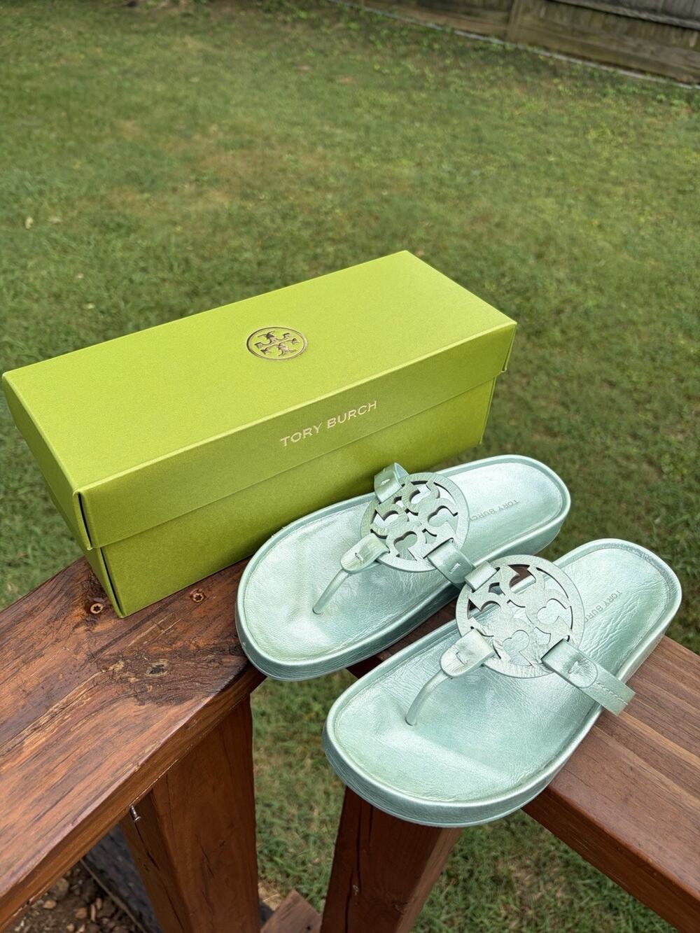 Tory Burch Miller Cloud Sandal Audrey Blue Metallic Leather Size 7 With Box EUC